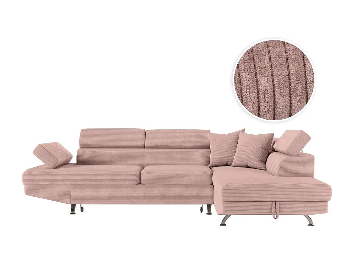 Canapé d'angle droit convertible RIO 5 places avec coffre de rangement en velours côtelé vieux rose