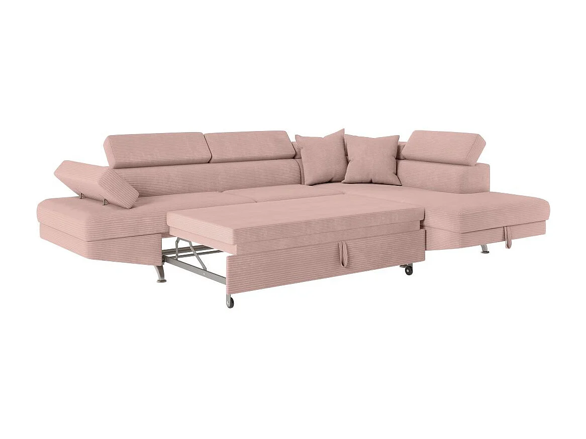 Canapé d'angle droit convertible RIO 5 places avec coffre de rangement en velours côtelé vieux rose