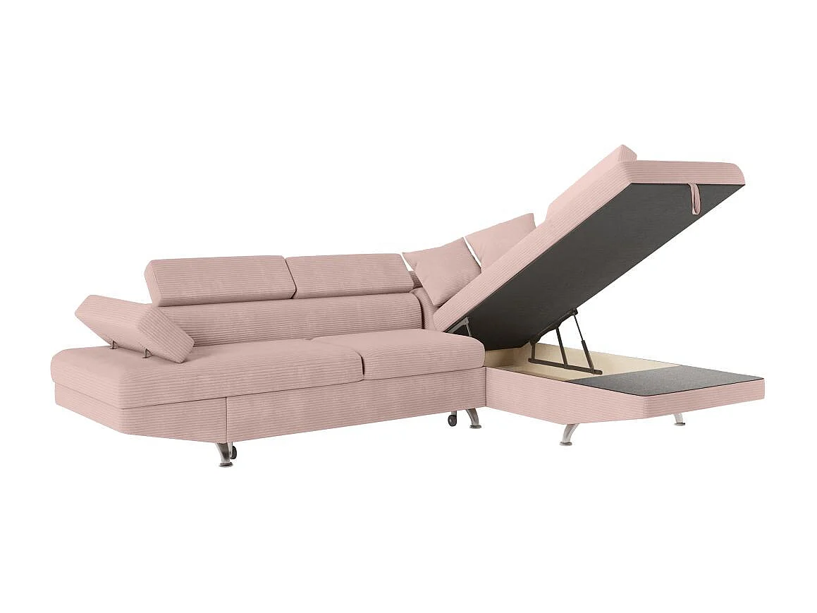 Canapé d'angle droit convertible RIO 5 places avec coffre de rangement en velours côtelé vieux rose