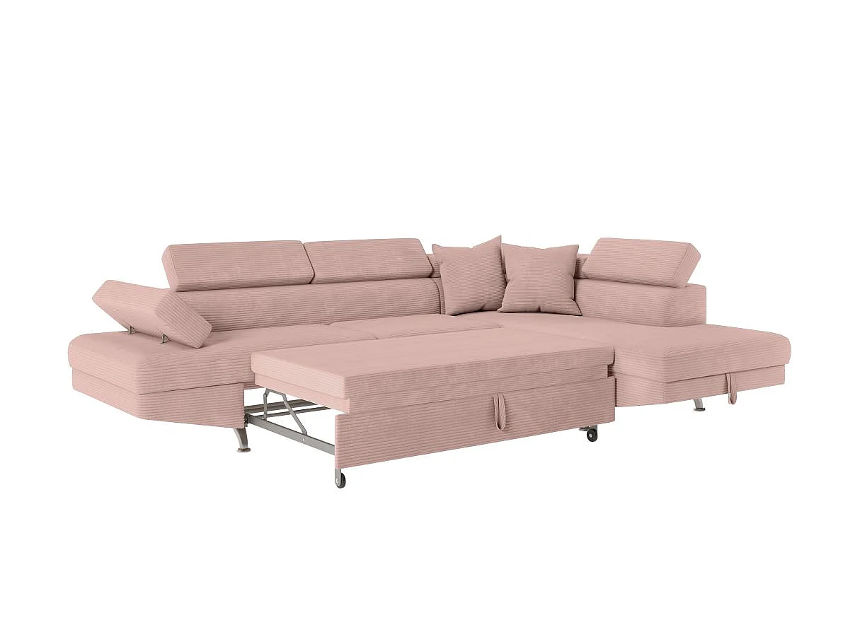 Canapé d'angle droit convertible RIO 5 places avec coffre de rangement en velours côtelé vieux rose