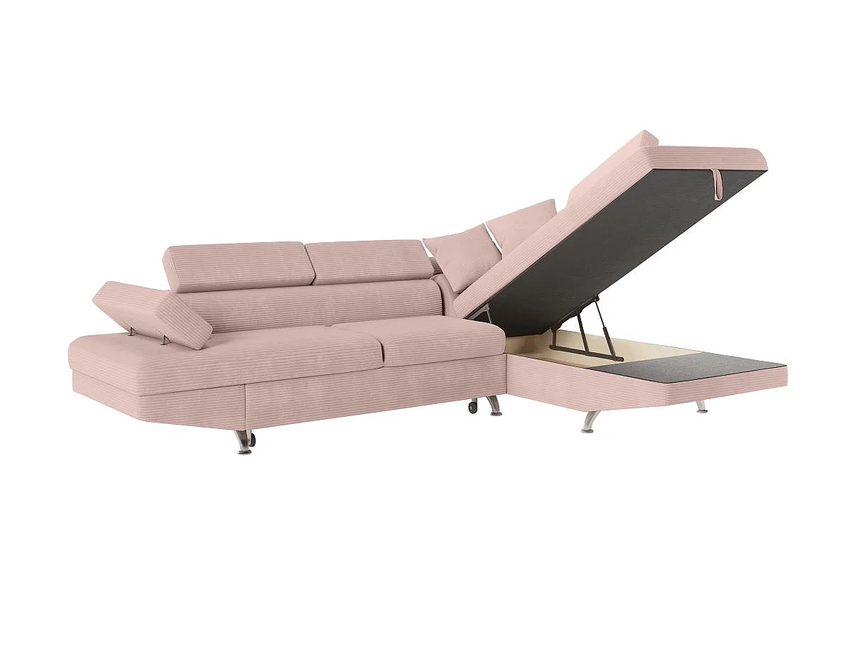 Canapé d'angle droit convertible RIO 5 places avec coffre de rangement en velours côtelé vieux rose