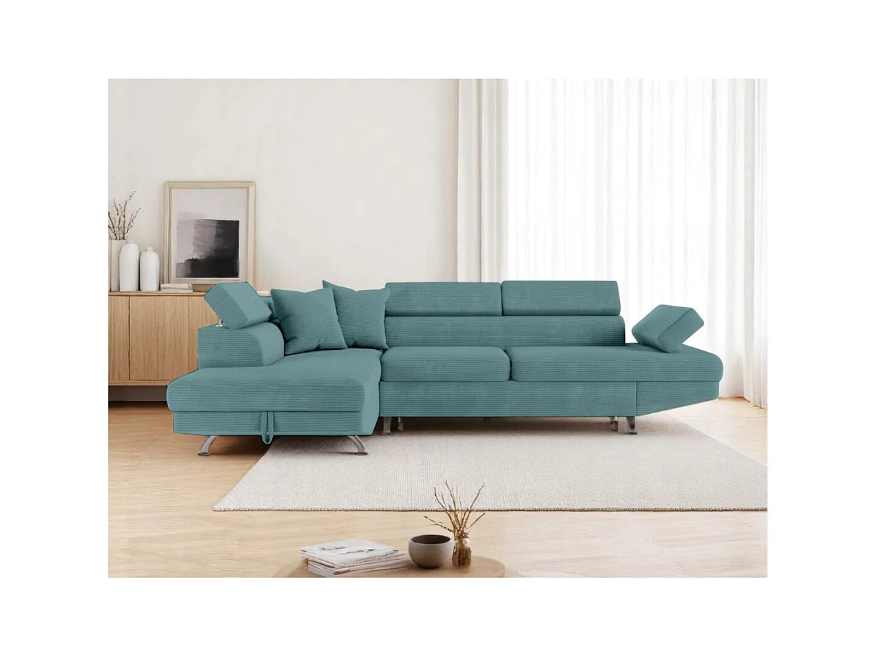 Canapé d'angle gauche convertible RIO 5 places avec coffre de rangement en velours côtelé bleu clair
