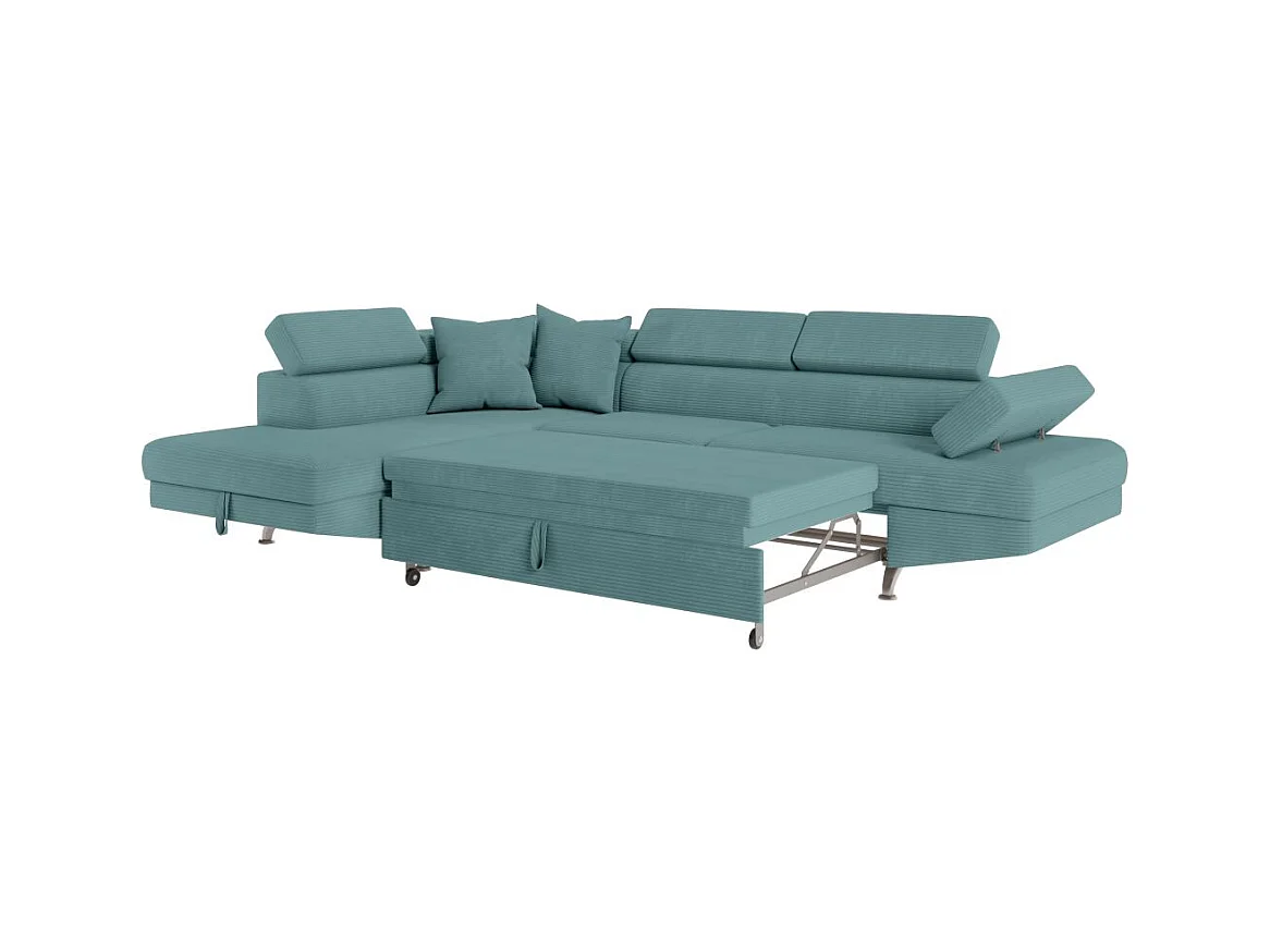 Canapé d'angle gauche convertible RIO 5 places avec coffre de rangement en velours côtelé bleu clair