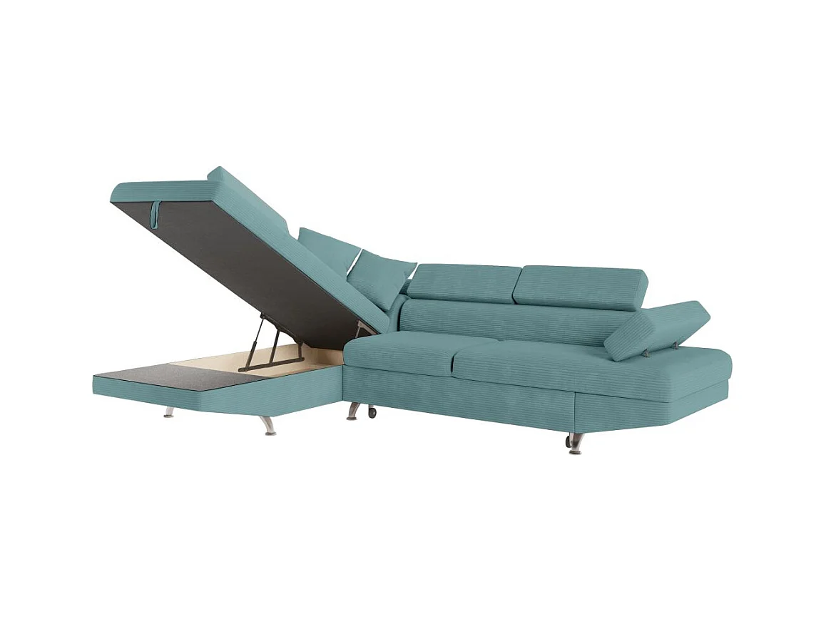 Canapé d'angle gauche convertible RIO 5 places avec coffre de rangement en velours côtelé bleu clair