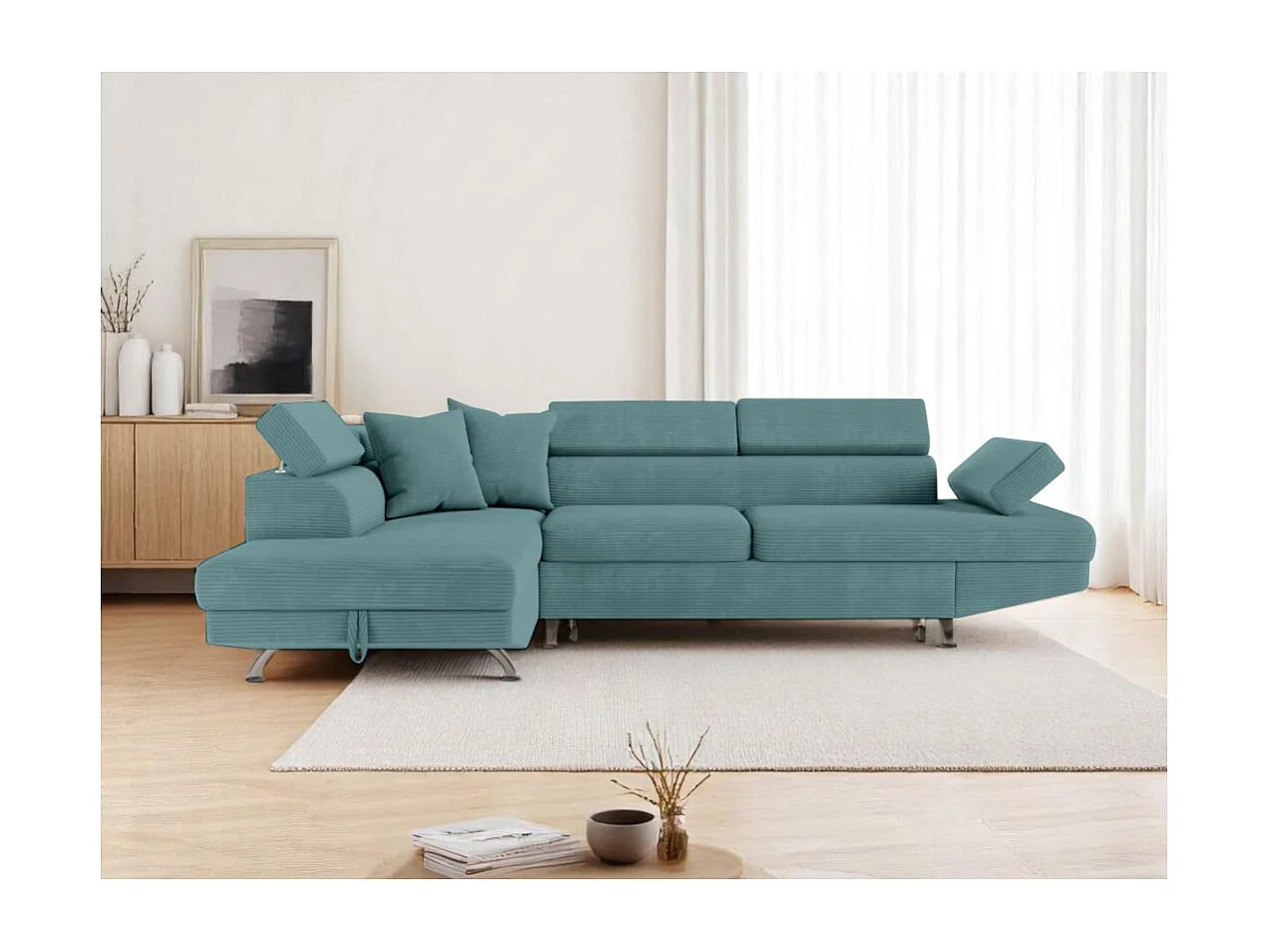 Canapé d'angle gauche convertible RIO 5 places avec coffre de rangement en velours côtelé bleu clair