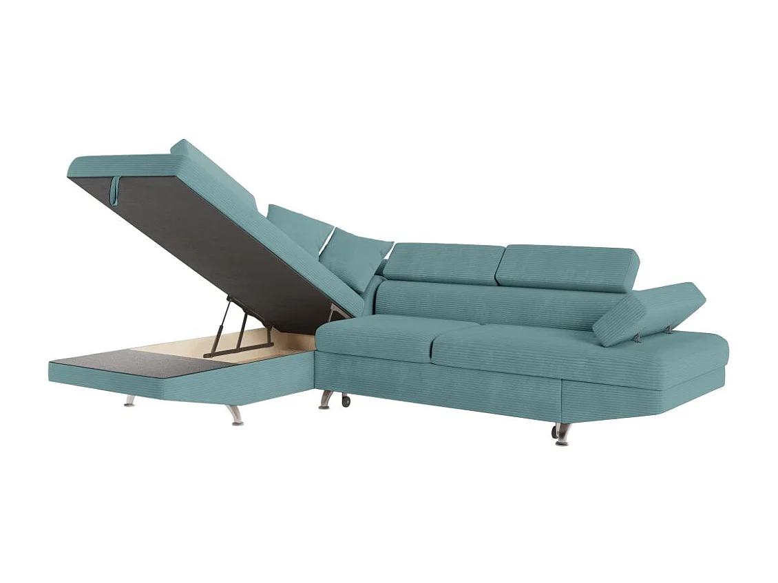 Canapé d'angle gauche convertible RIO 5 places avec coffre de rangement en velours côtelé bleu clair