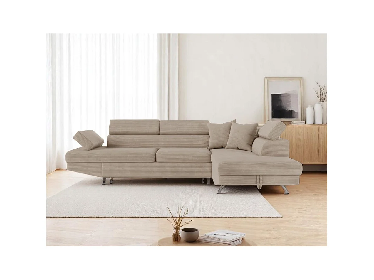 Canapé d'angle droit convertible RIO 5 places avec coffre de rangement en velours côtelé - Taupe
