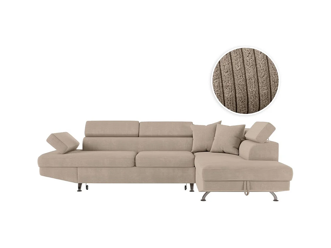 Canapé d'angle droit convertible RIO 5 places avec coffre de rangement en velours côtelé - Taupe