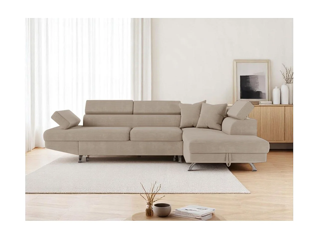 Canapé d'angle droit convertible RIO 5 places avec coffre de rangement en velours côtelé - Taupe