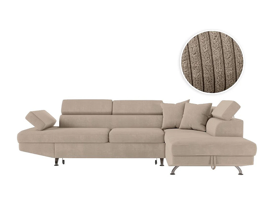 Canapé d'angle droit convertible RIO 5 places avec coffre de rangement en velours côtelé - Taupe