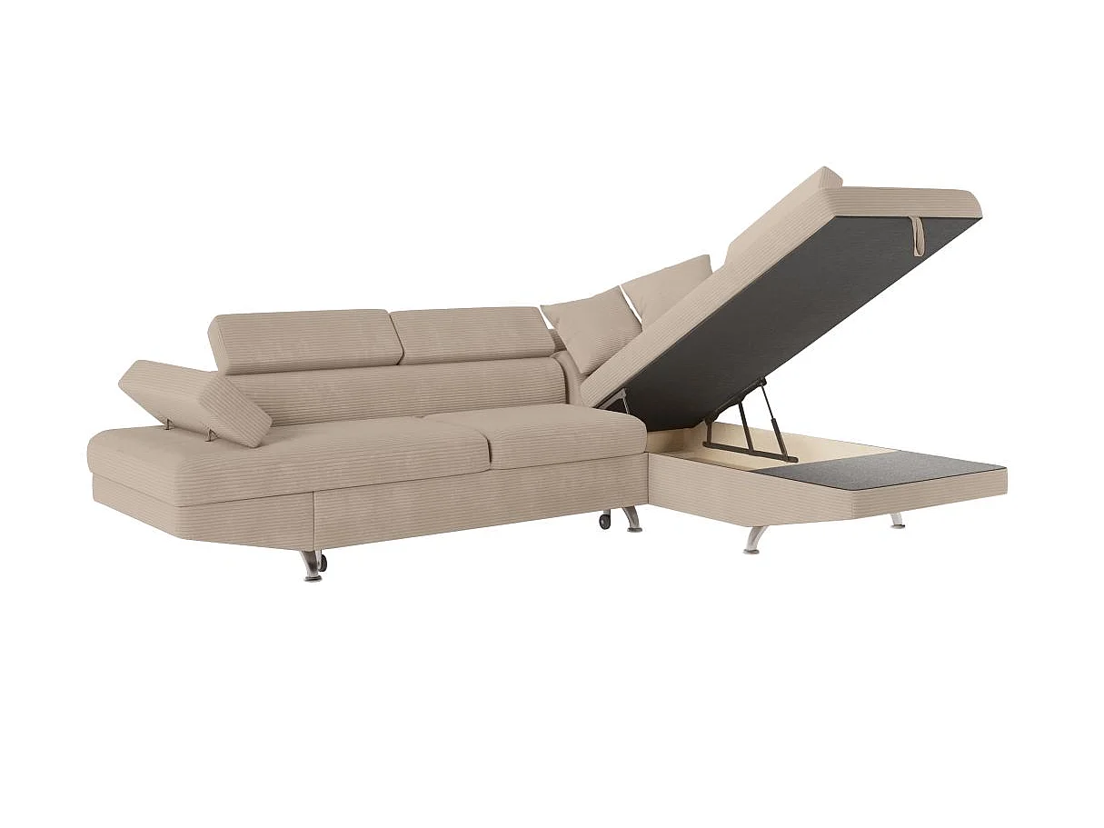 Canapé d'angle droit convertible RIO 5 places avec coffre de rangement en velours côtelé - Taupe