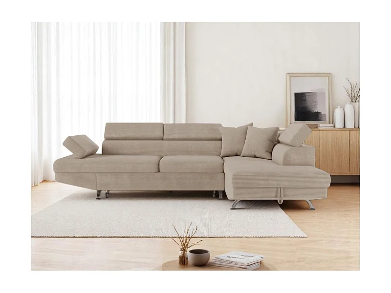 Canapé d'angle droit convertible RIO 5 places avec coffre de rangement en velours côtelé - Taupe