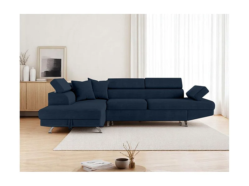 Canapé d'angle gauche convertible RIO 5 places avec coffre de rangement en velours côtelé bleu foncé