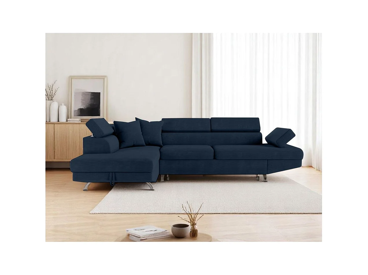 Canapé d'angle gauche convertible RIO 5 places avec coffre de rangement en velours côtelé bleu foncé