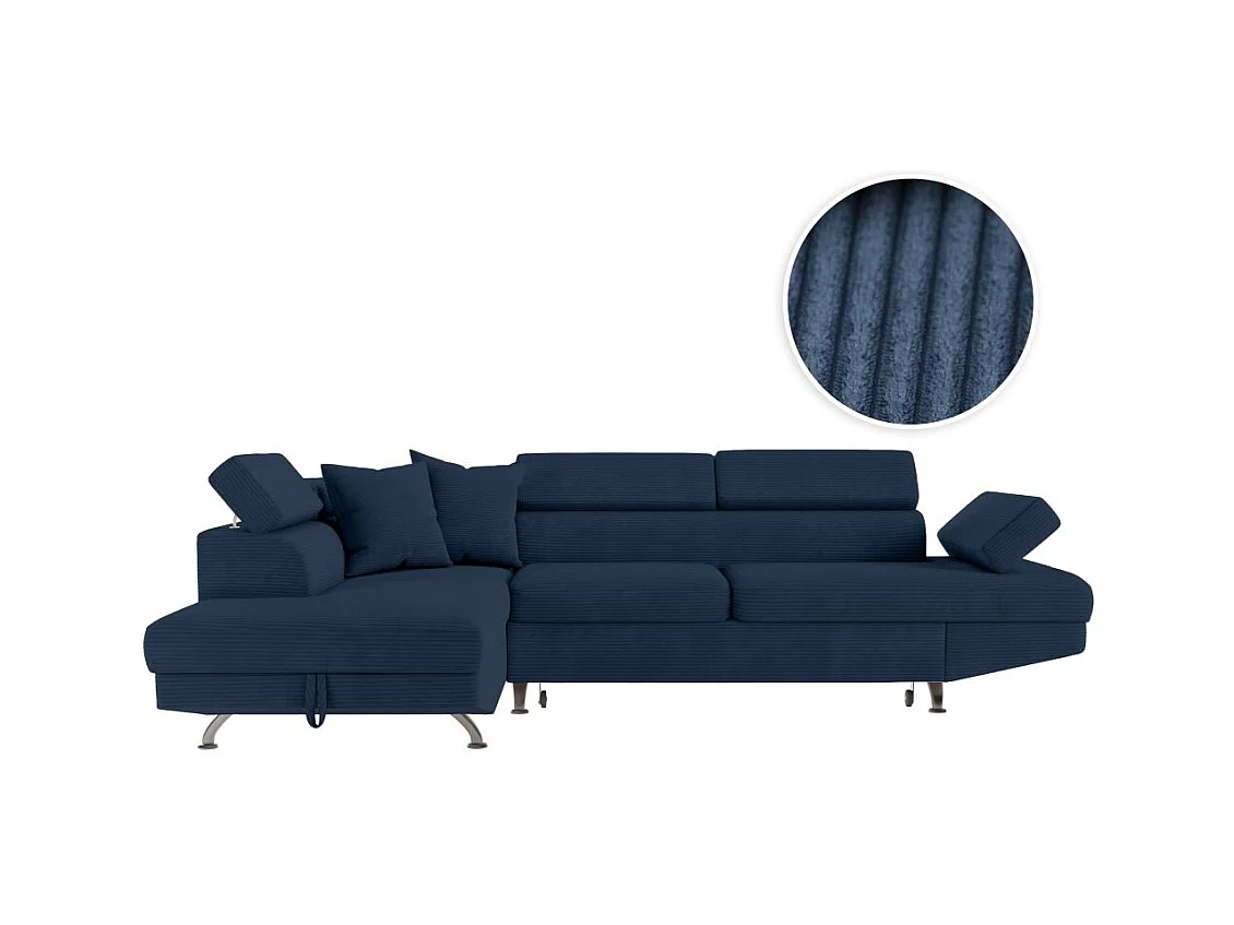 Canapé d'angle gauche convertible RIO 5 places avec coffre de rangement en velours côtelé bleu foncé
