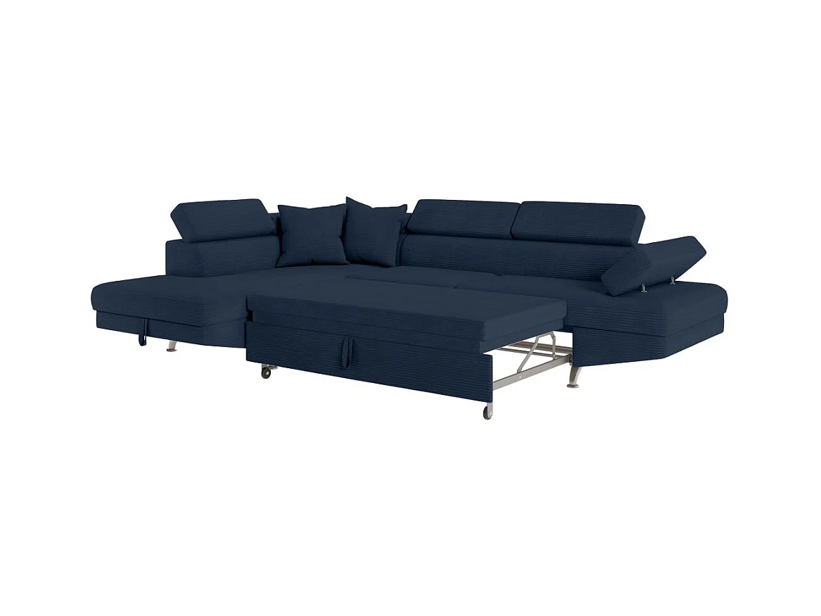 Canapé d'angle gauche convertible RIO 5 places avec coffre de rangement en velours côtelé bleu foncé