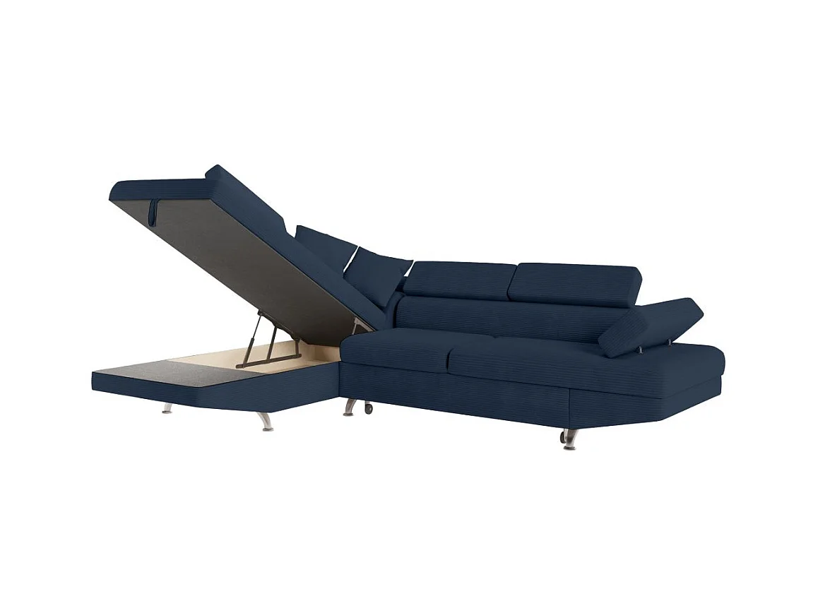 Canapé d'angle gauche convertible RIO 5 places avec coffre de rangement en velours côtelé bleu foncé