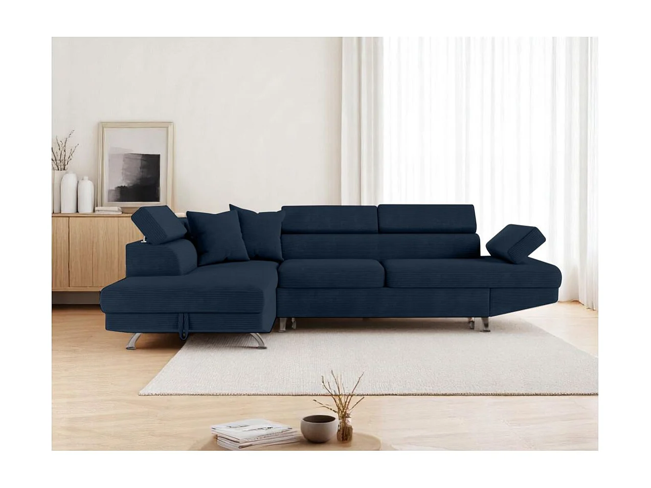 Canapé d'angle gauche convertible RIO 5 places avec coffre de rangement en velours côtelé bleu foncé