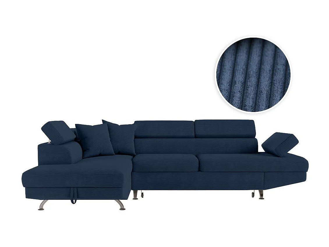 Canapé d'angle gauche convertible RIO 5 places avec coffre de rangement en velours côtelé bleu foncé