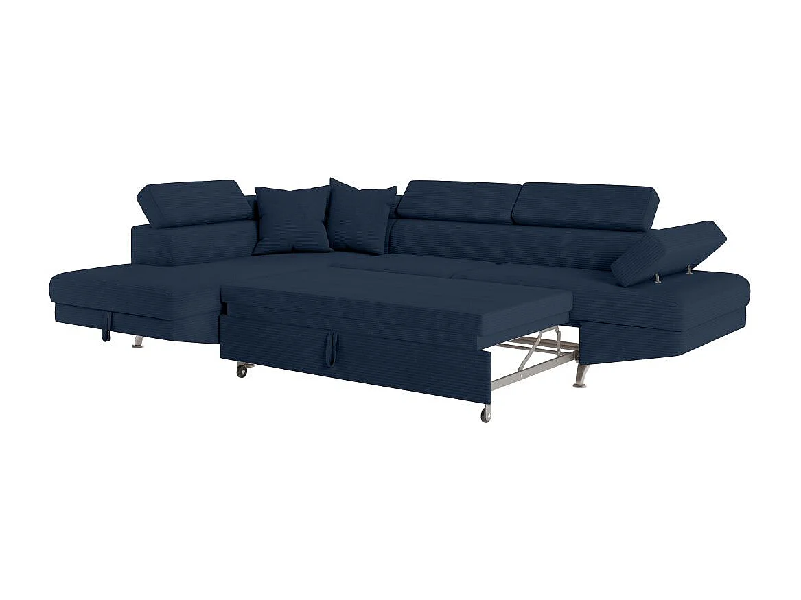 Canapé d'angle gauche convertible RIO 5 places avec coffre de rangement en velours côtelé bleu foncé