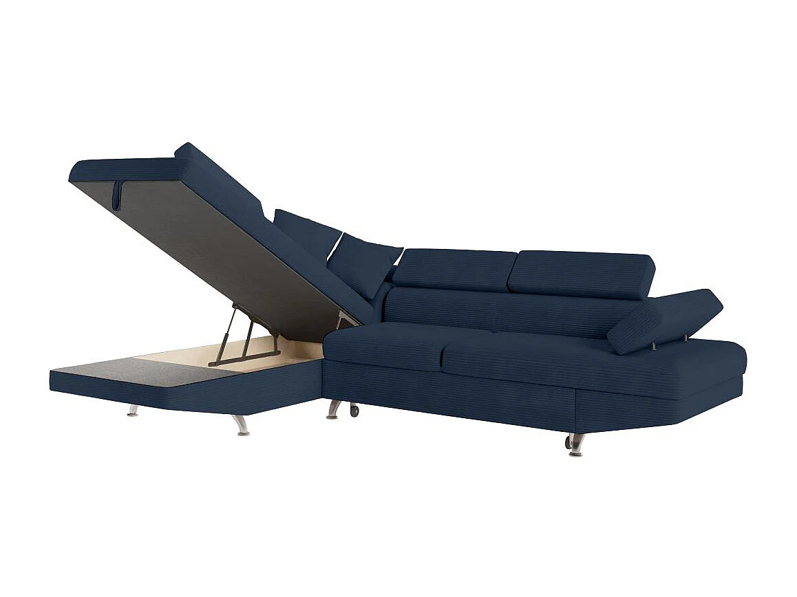 Canapé d'angle gauche convertible RIO 5 places avec coffre de rangement en velours côtelé bleu foncé