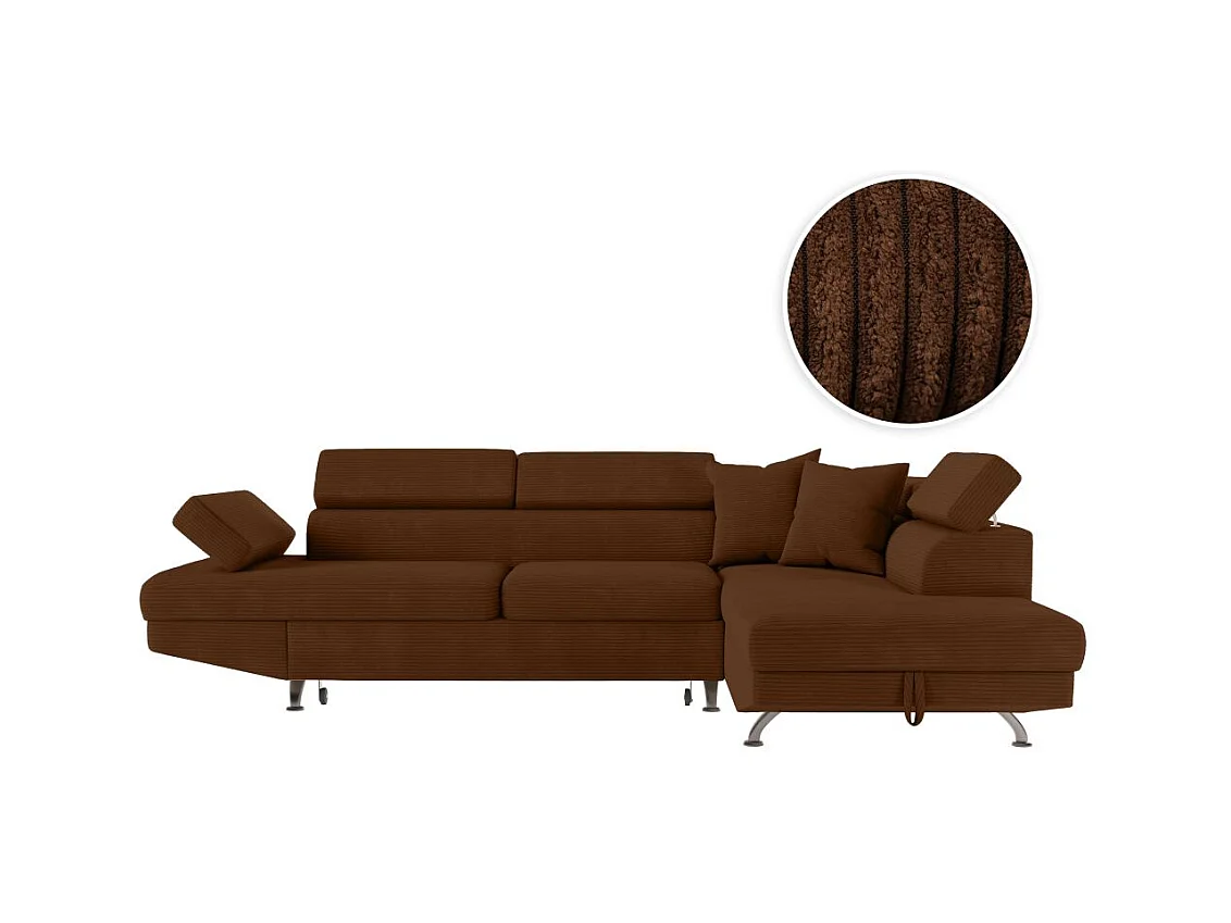 Canapé d'angle droit convertible RIO 5 places avec coffre de rangement en velours côtelé - Marron