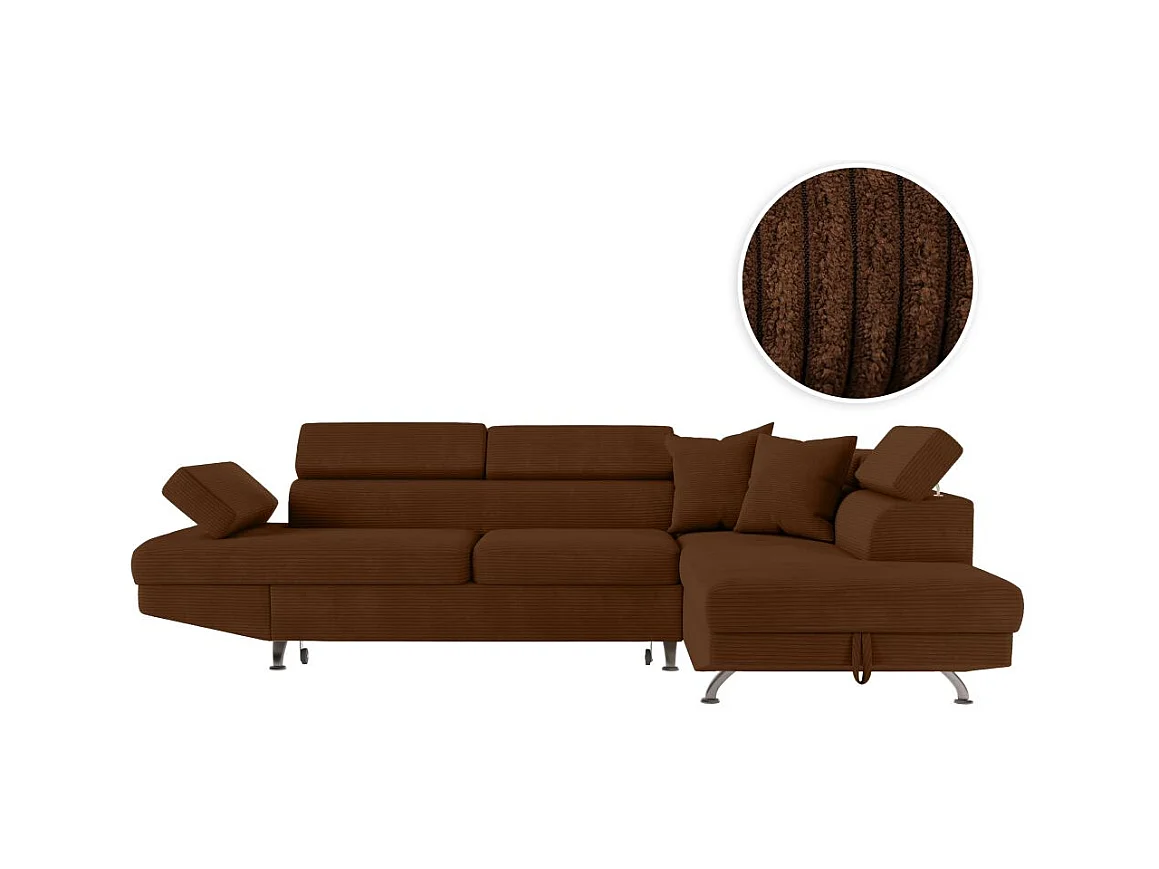Canapé d'angle droit convertible RIO 5 places avec coffre de rangement en velours côtelé - Marron