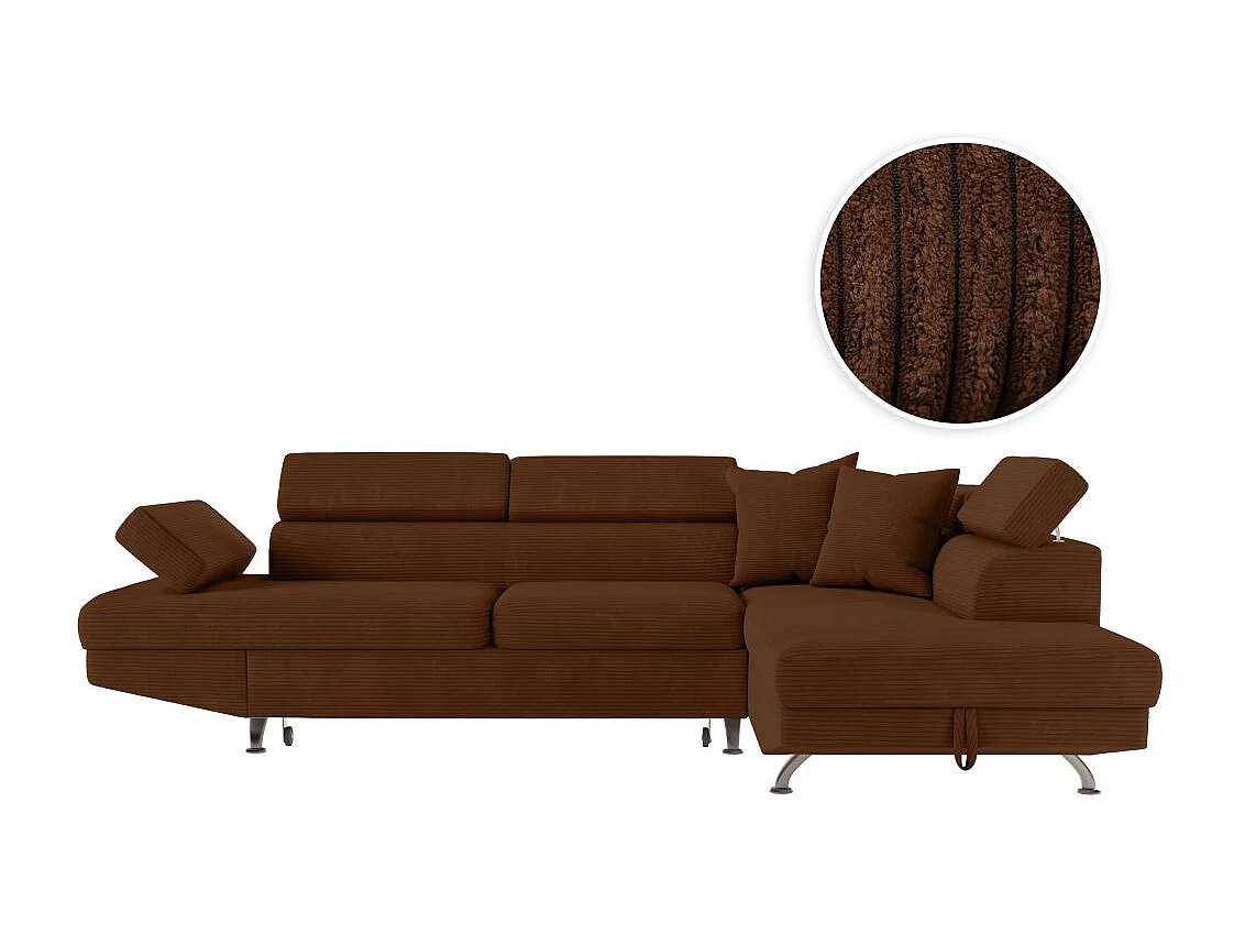 Canapé d'angle droit convertible RIO 5 places avec coffre de rangement en velours côtelé - Marron