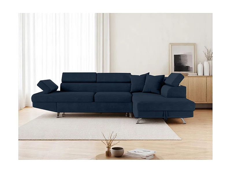Canapé d'angle droit convertible RIO 5 places avec coffre de rangement en velours côtelé bleu foncé