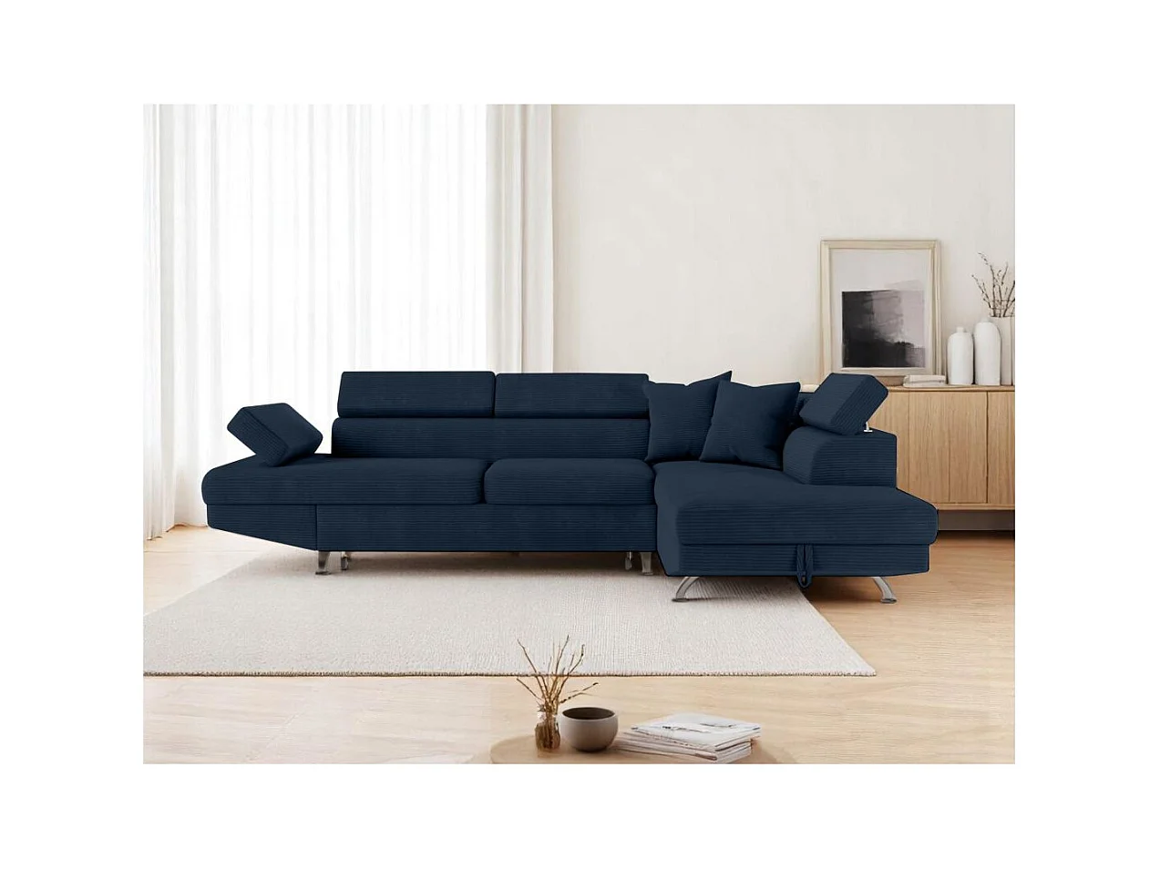 Canapé d'angle droit convertible RIO 5 places avec coffre de rangement en velours côtelé bleu foncé