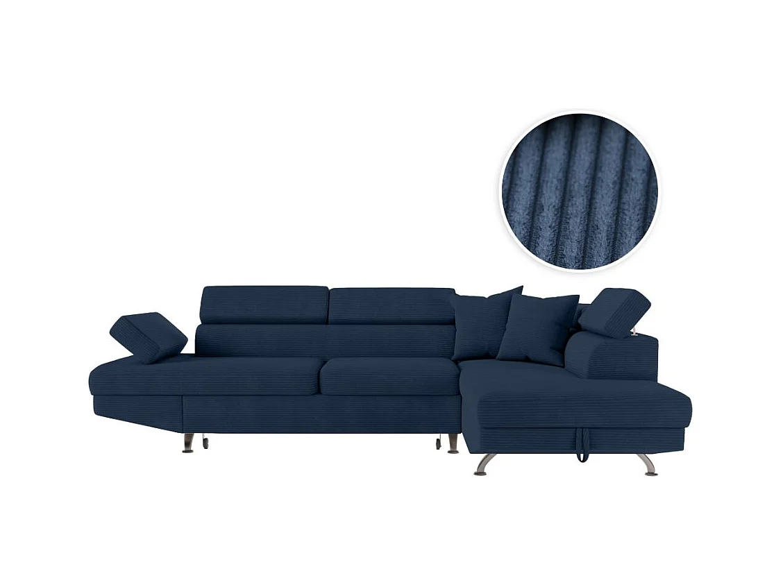 Canapé d'angle droit convertible RIO 5 places avec coffre de rangement en velours côtelé bleu foncé