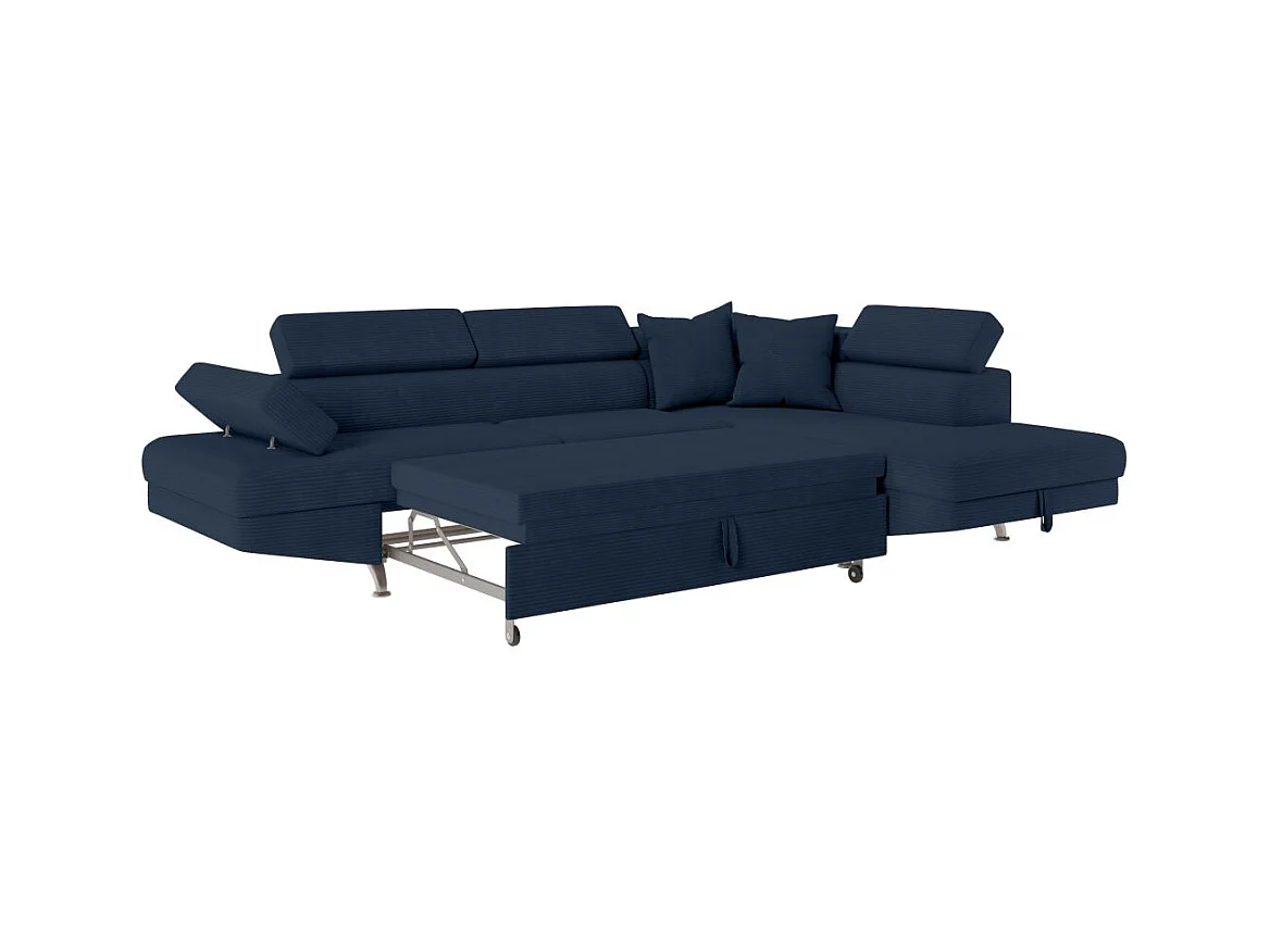 Canapé d'angle droit convertible RIO 5 places avec coffre de rangement en velours côtelé bleu foncé
