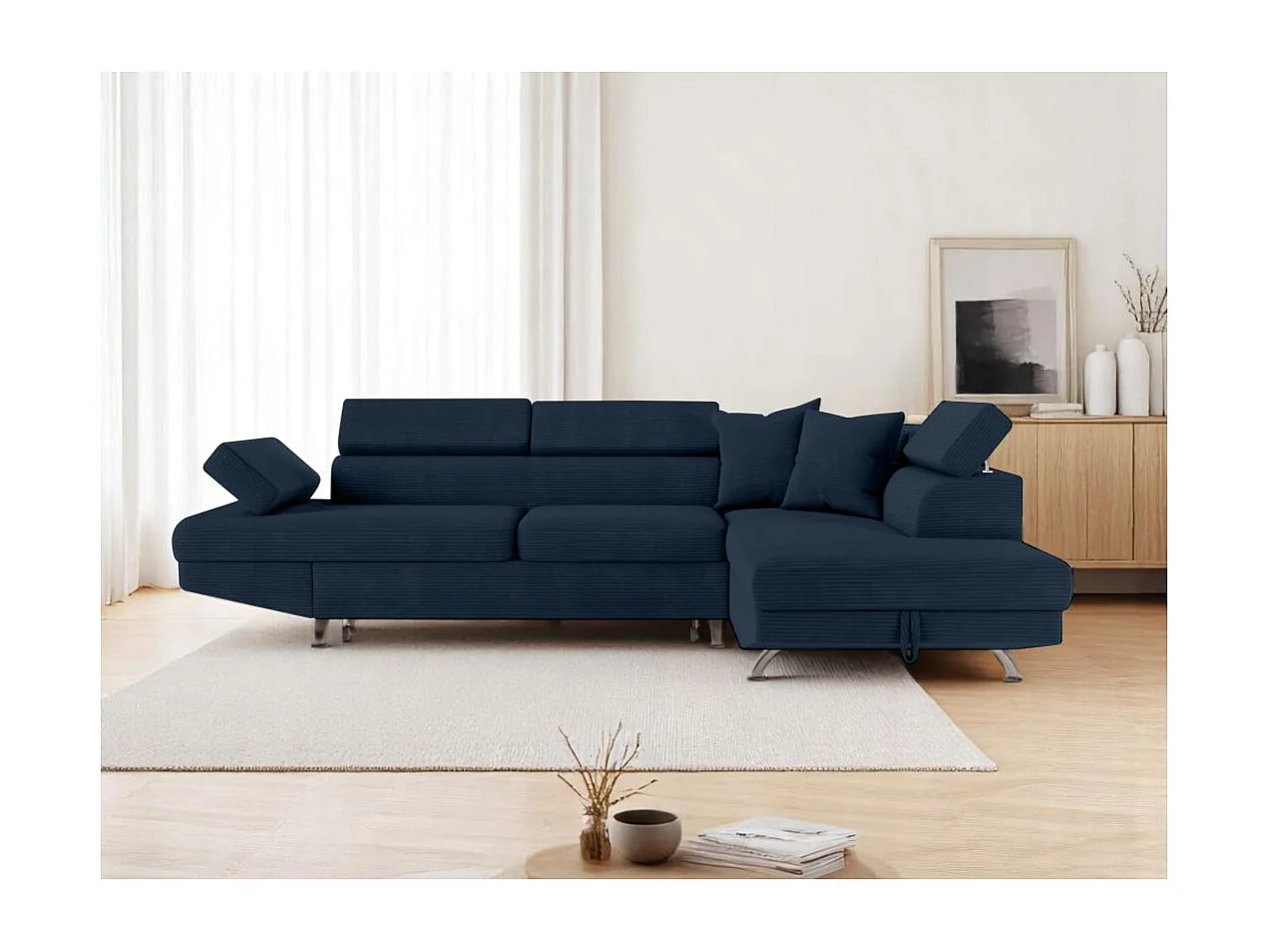 Canapé d'angle droit convertible RIO 5 places avec coffre de rangement en velours côtelé bleu foncé