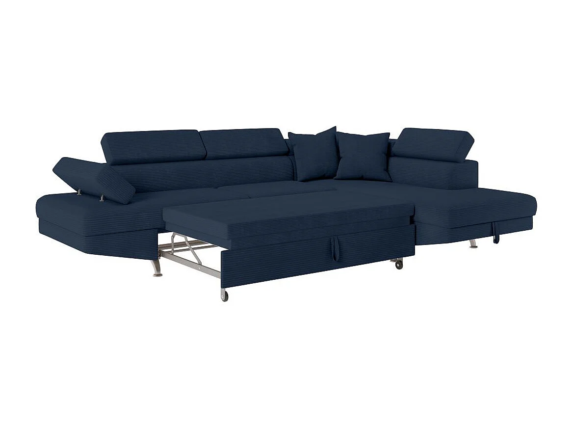 Canapé d'angle droit convertible RIO 5 places avec coffre de rangement en velours côtelé bleu foncé