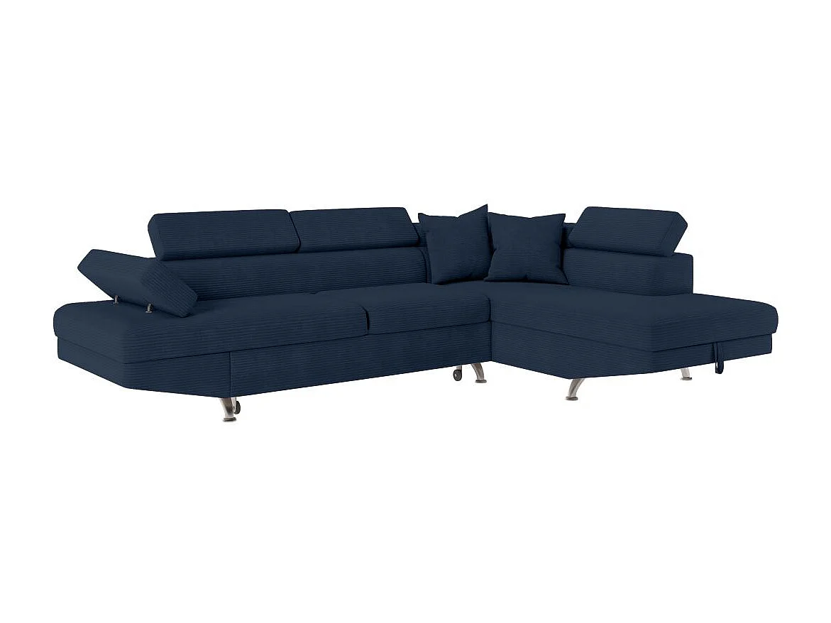 Canapé d'angle droit convertible RIO 5 places avec coffre de rangement en velours côtelé bleu foncé