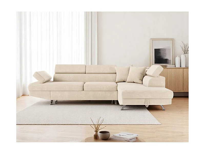 Canapé d'angle droit convertible RIO 5 places avec coffre de rangement en velours côtelé - Beige