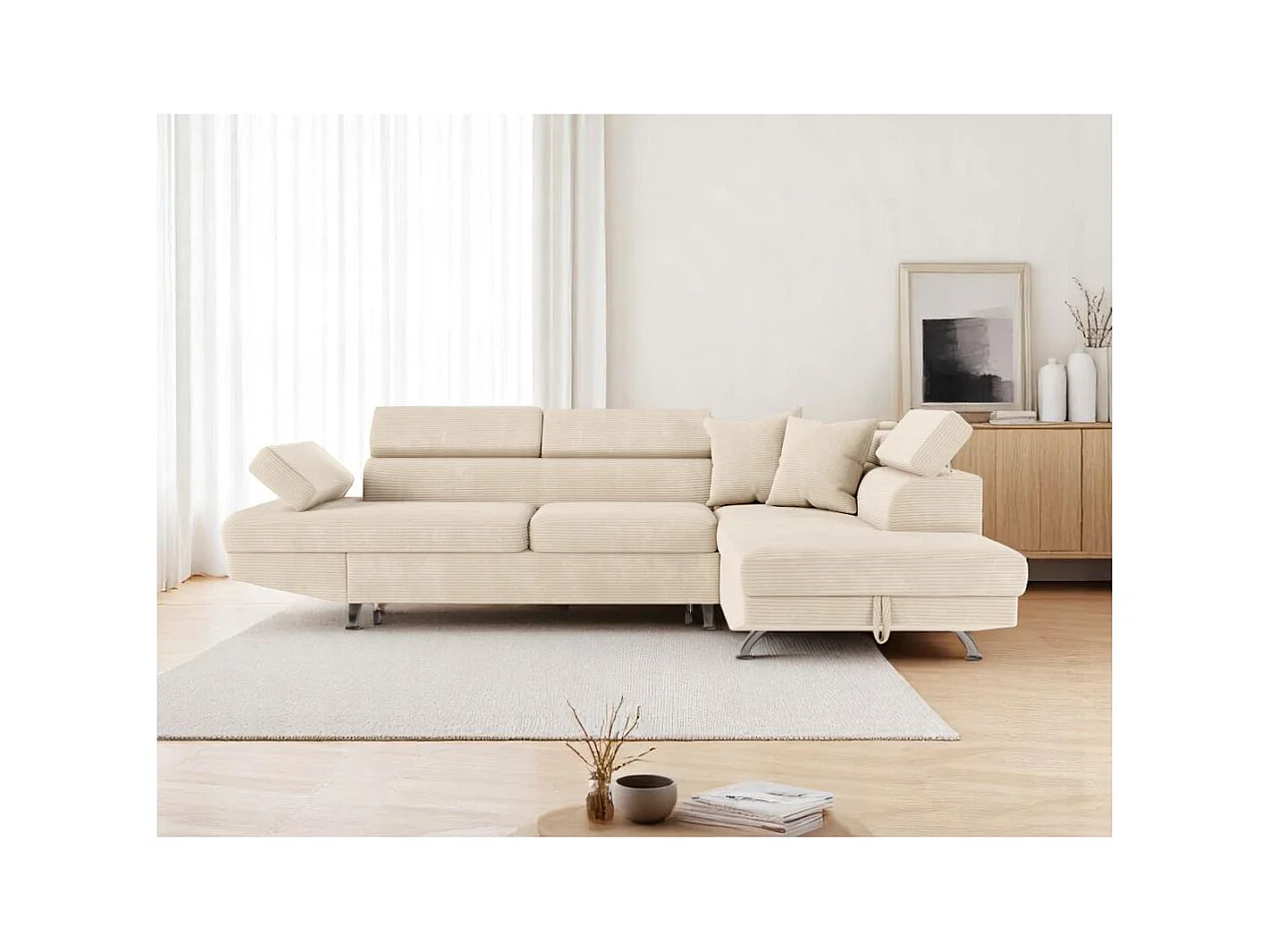Canapé d'angle droit convertible RIO 5 places avec coffre de rangement en velours côtelé - Beige