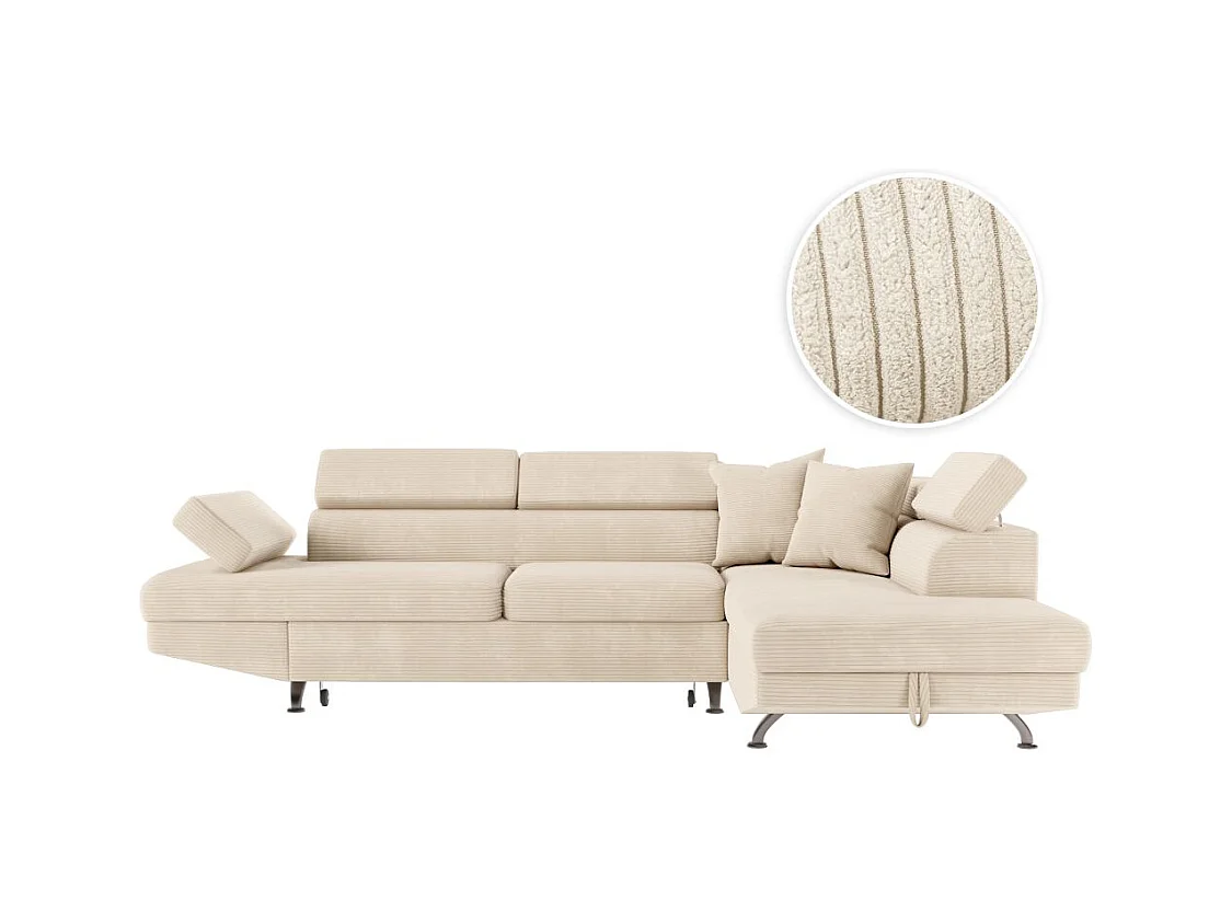 Canapé d'angle droit convertible RIO 5 places avec coffre de rangement en velours côtelé - Beige