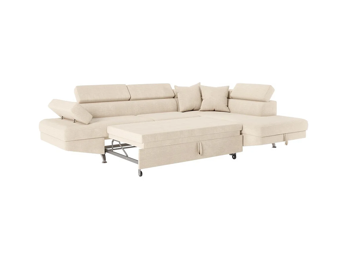 Canapé d'angle droit convertible RIO 5 places avec coffre de rangement en velours côtelé - Beige