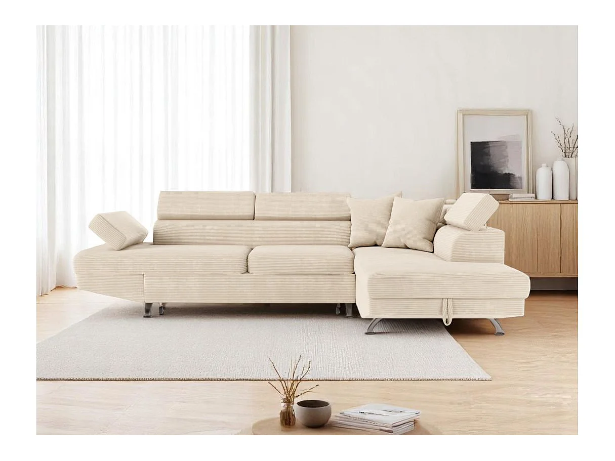 Canapé d'angle droit convertible RIO 5 places avec coffre de rangement en velours côtelé - Beige