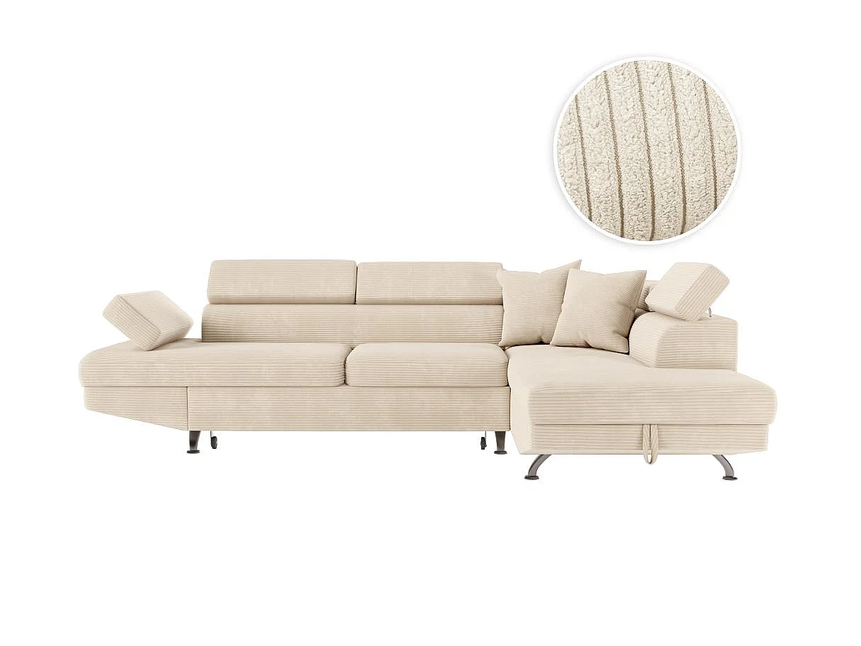 Canapé d'angle droit convertible RIO 5 places avec coffre de rangement en velours côtelé - Beige