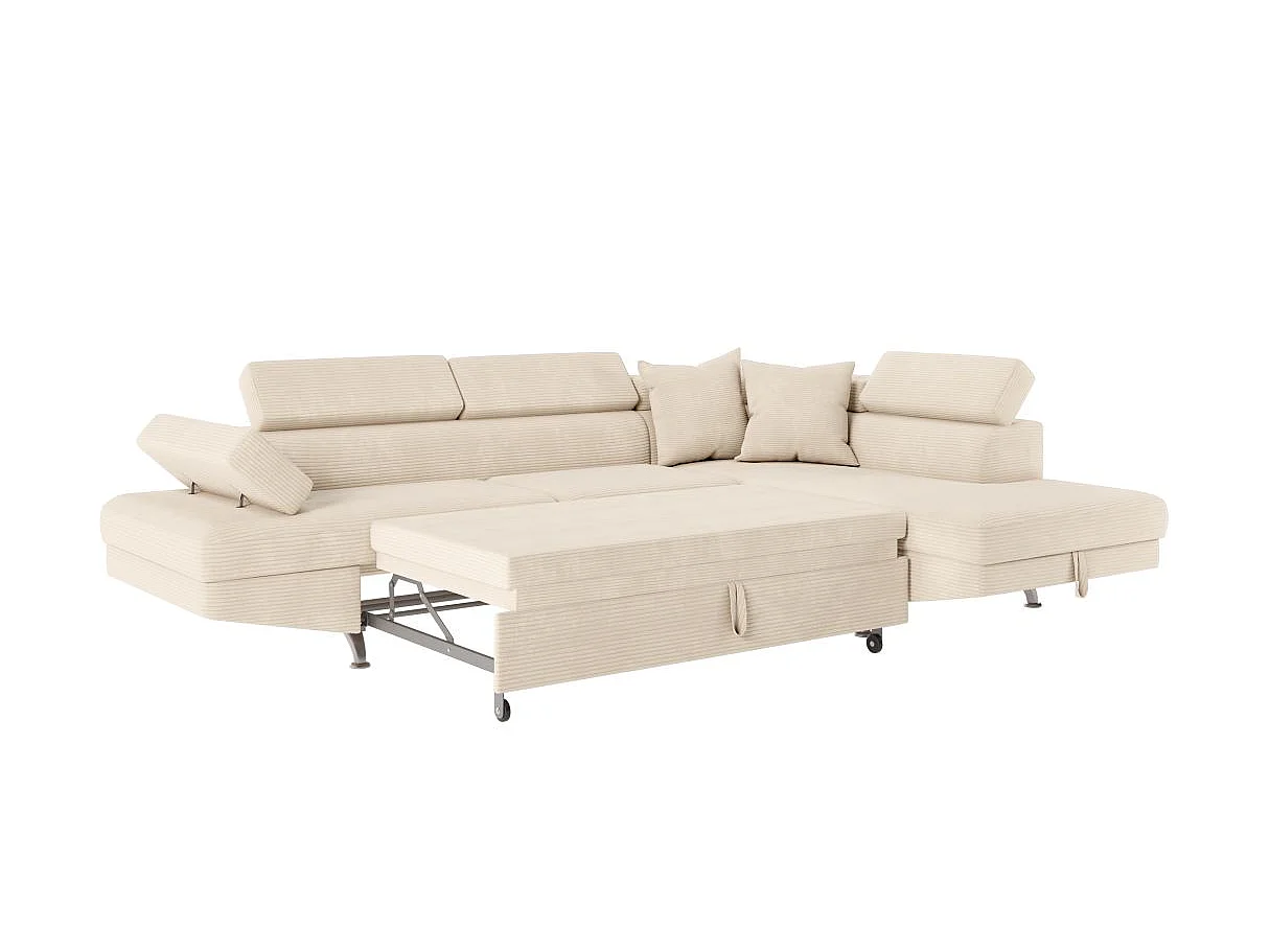 Canapé d'angle droit convertible RIO 5 places avec coffre de rangement en velours côtelé - Beige