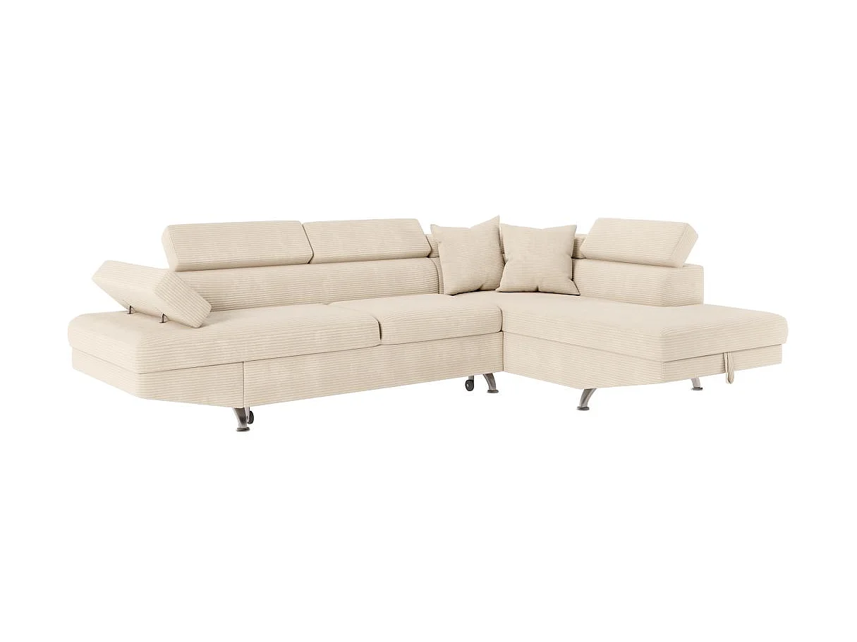 Canapé d'angle droit convertible RIO 5 places avec coffre de rangement en velours côtelé - Beige