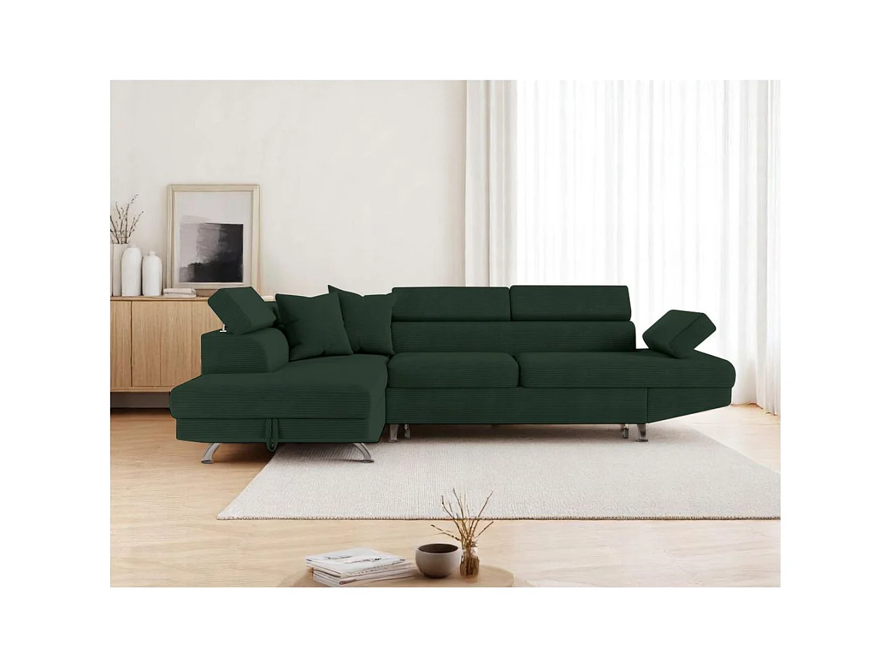 Canapé d'angle gauche convertible RIO 5 places avec coffre de rangement en velours côtelé vert foncé