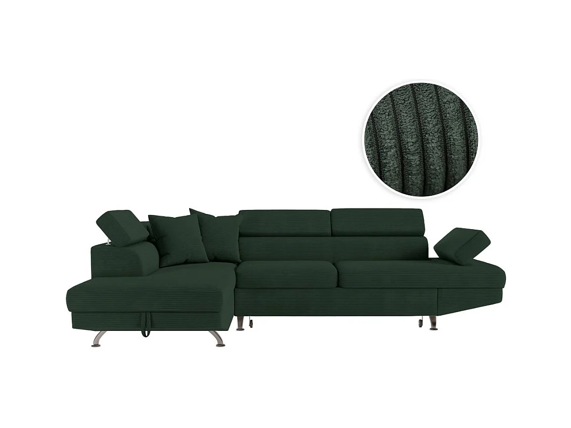 Canapé d'angle gauche convertible RIO 5 places avec coffre de rangement en velours côtelé vert foncé