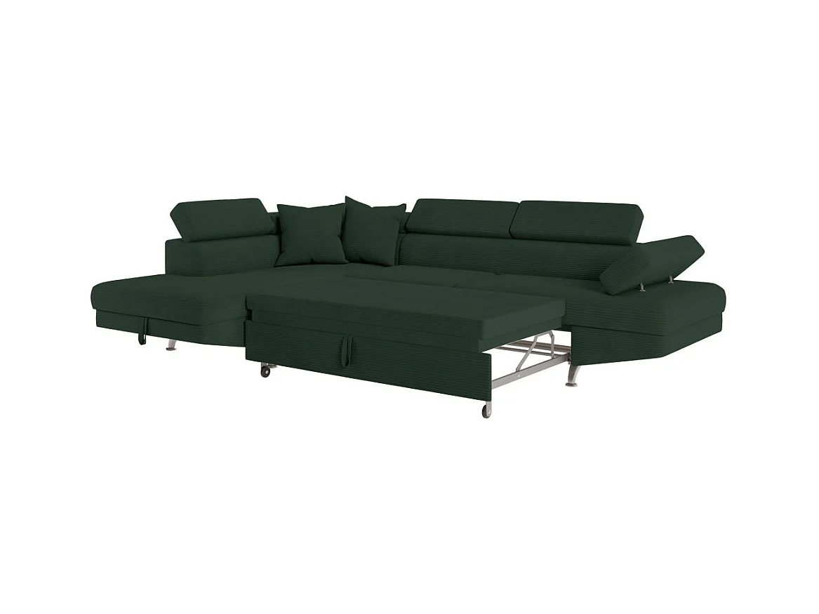 Canapé d'angle gauche convertible RIO 5 places avec coffre de rangement en velours côtelé vert foncé