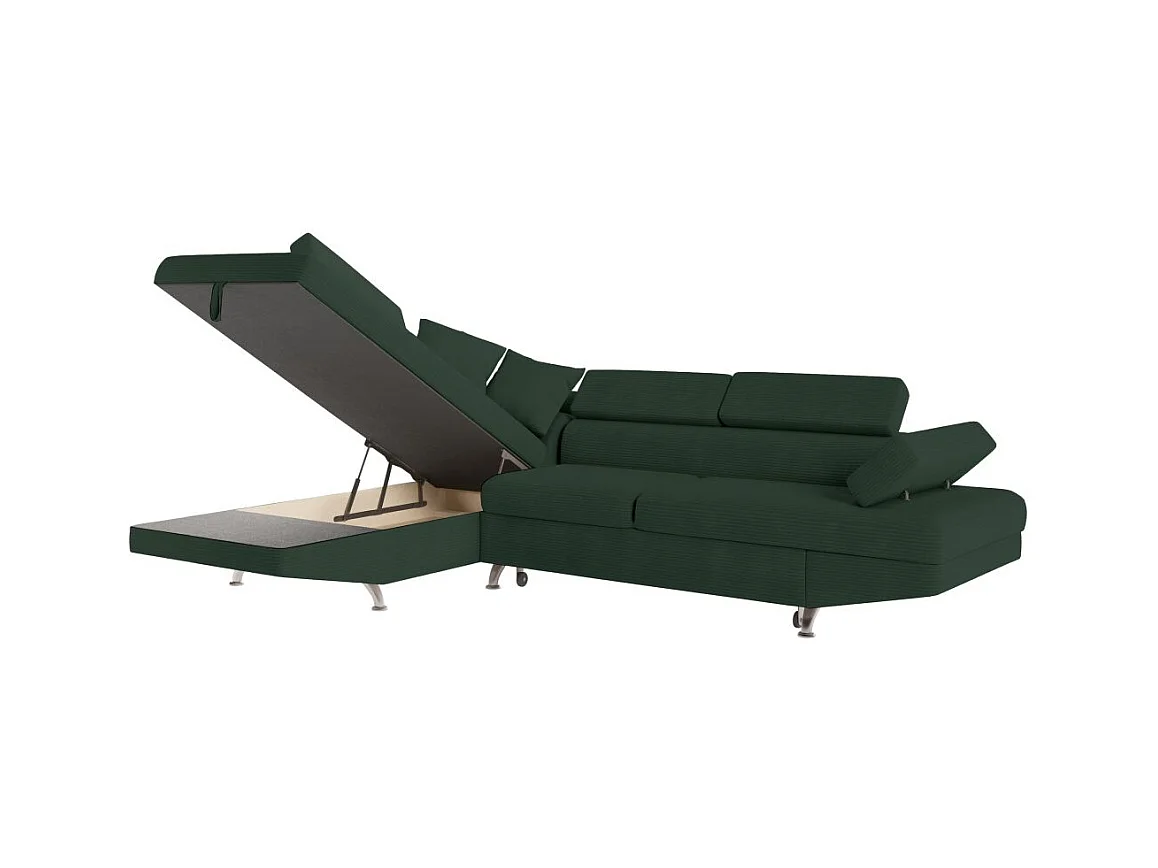 Canapé d'angle gauche convertible RIO 5 places avec coffre de rangement en velours côtelé vert foncé