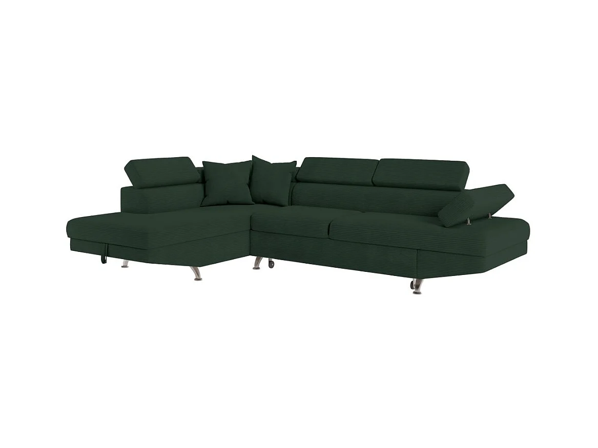 Canapé d'angle gauche convertible RIO 5 places avec coffre de rangement en velours côtelé vert foncé