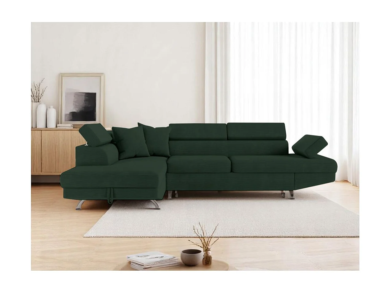 Canapé d'angle gauche convertible RIO 5 places avec coffre de rangement en velours côtelé vert foncé