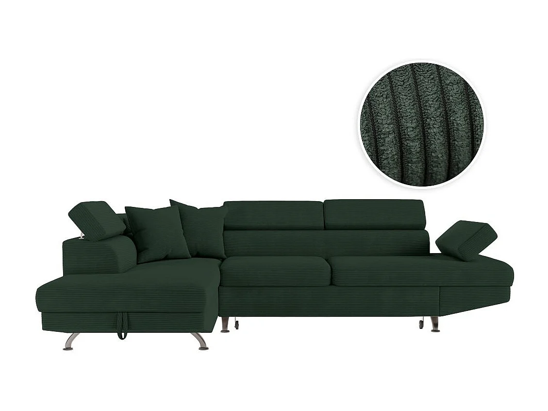 Canapé d'angle gauche convertible RIO 5 places avec coffre de rangement en velours côtelé vert foncé
